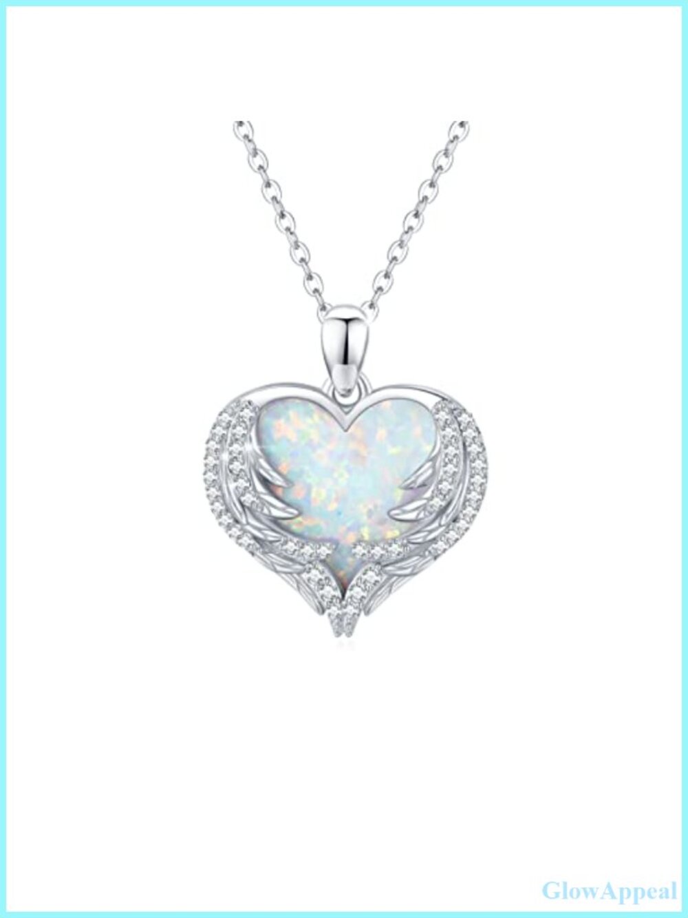 Opal Angel Wing Heart Pendant Necklace 925 Sterling Silver, Platinum Plated